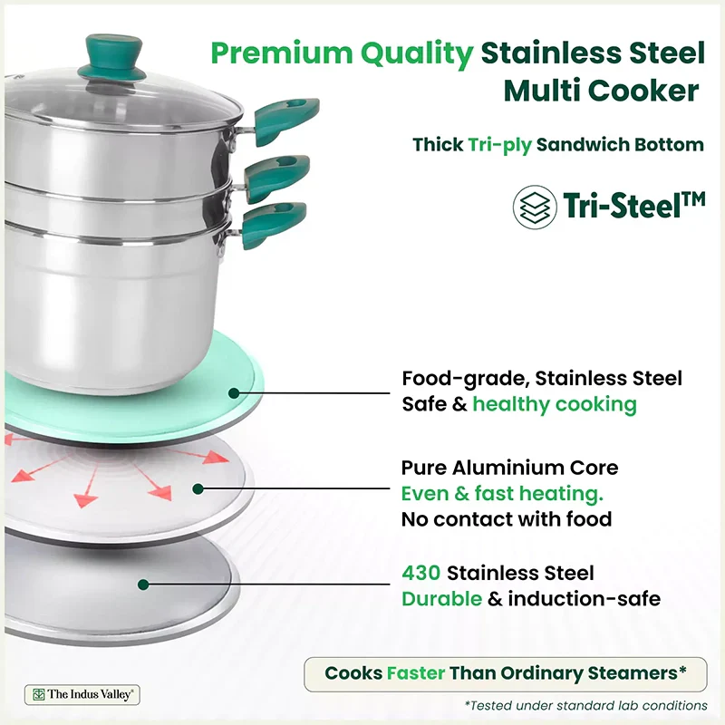 The Indus Valley Tri-steel Multi Cooker Pot Premium Stainless Steel Momo Maker/ Idiyappam/ Biryani/  Veg Steaming Set, 3 Pots, 21cm