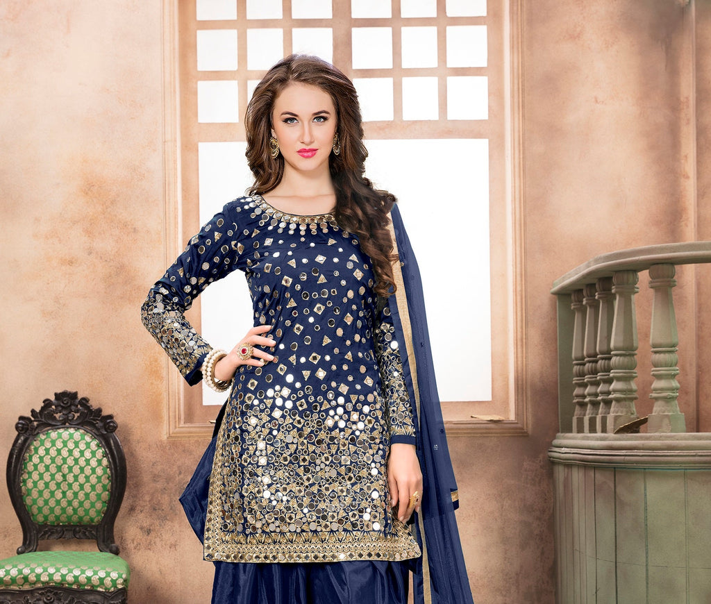Anaita Navy Blue Embroidered Tapeta Silk Salwar Suit - Distacart