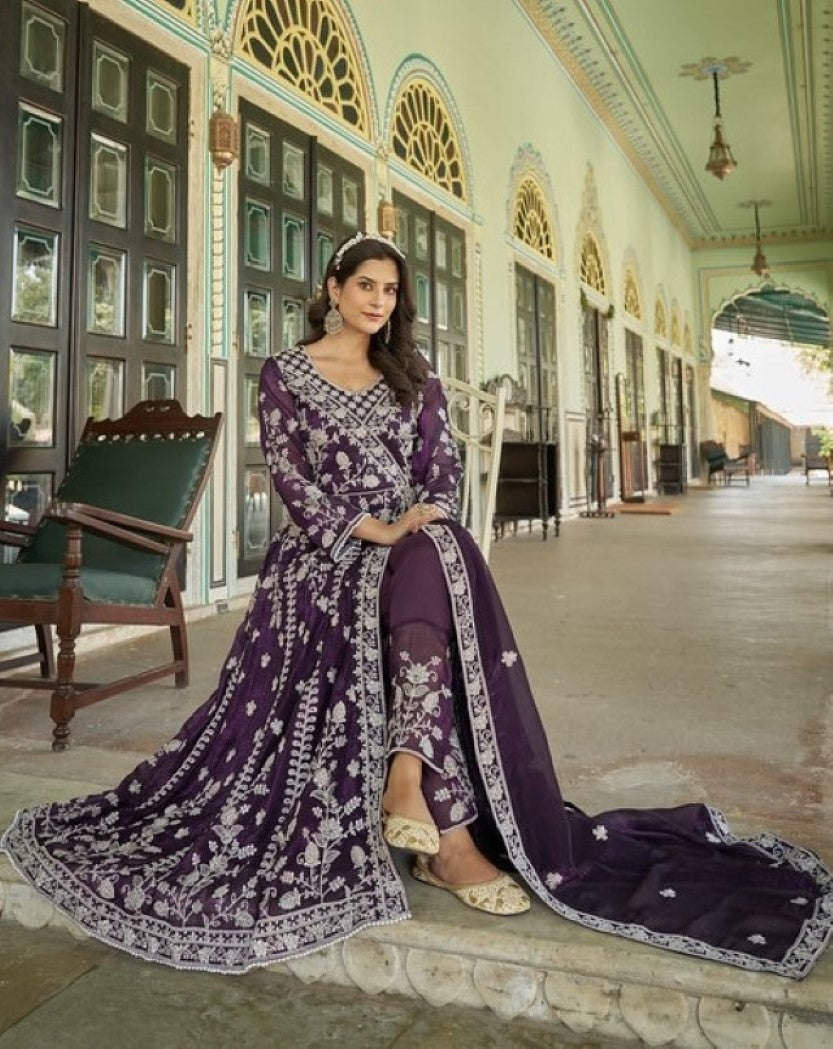 Anaita Purple Silk Anarkali Suit With Embroidery & Sequins Work - Distacart