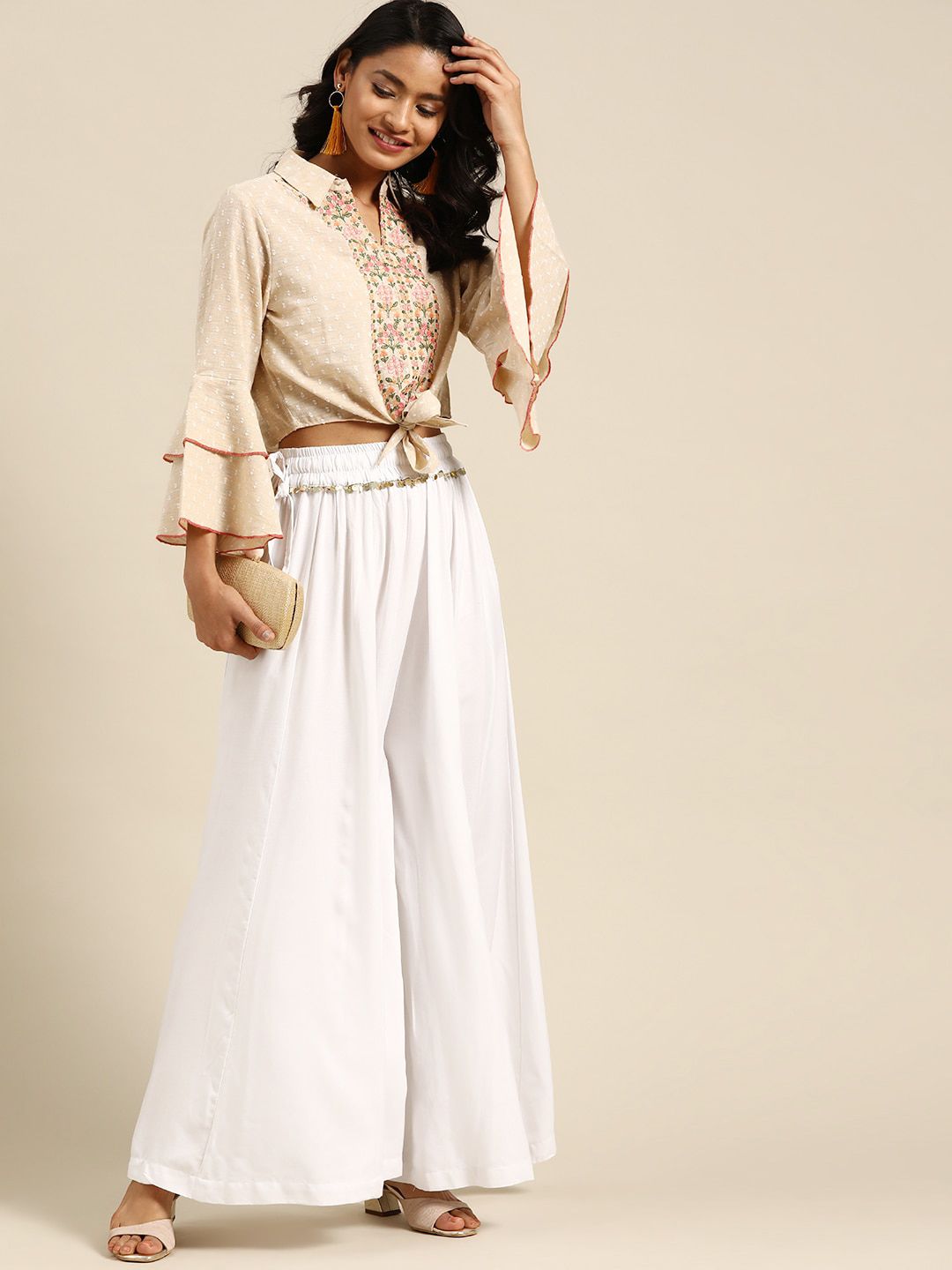 TAG 7 Women White & Green Solid Flared Palazzos
