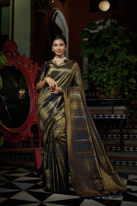 Vardha Stratos Blue Copper-Silver Zari Kanjeevaram Silk Saree