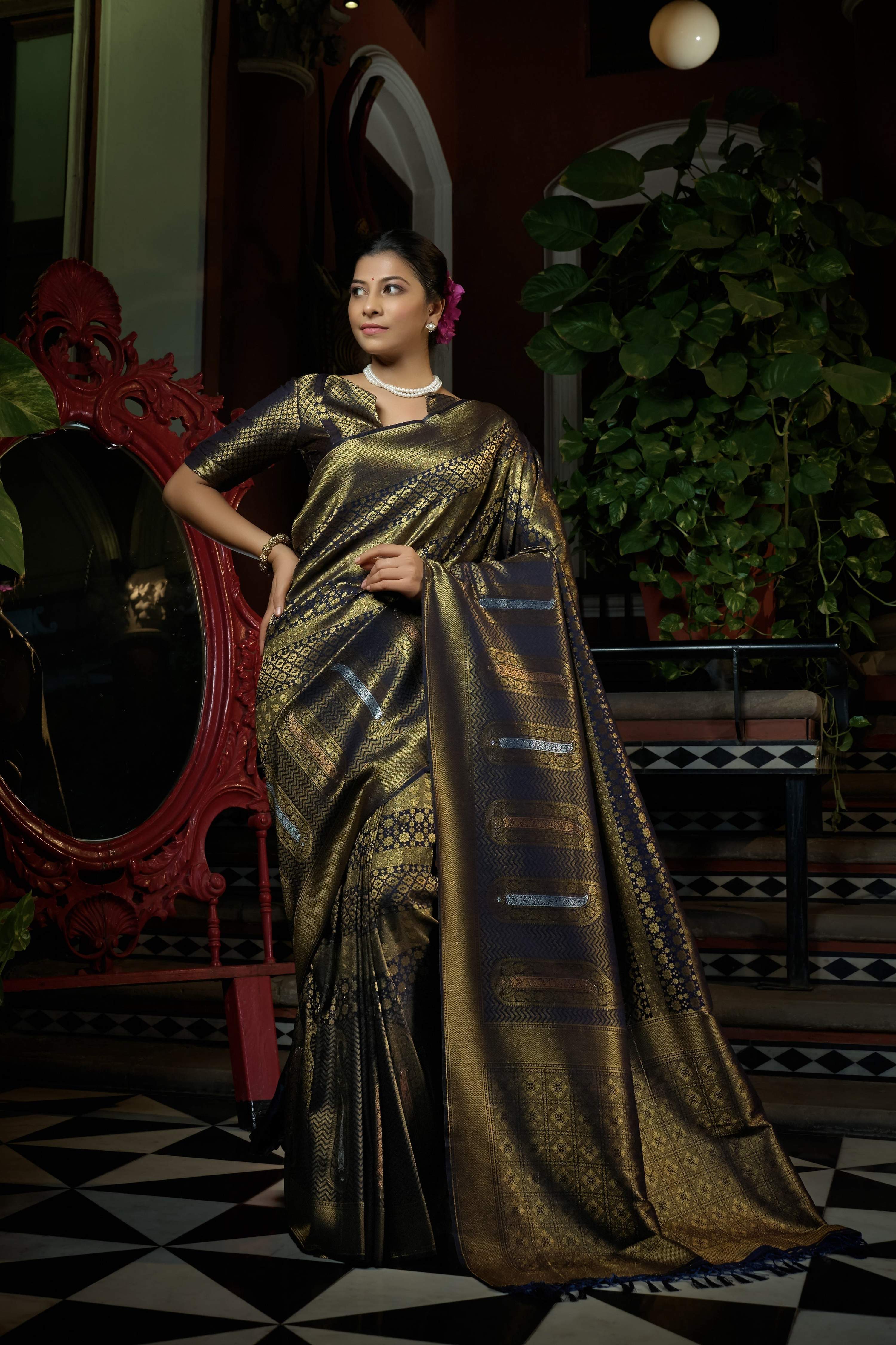 Vardha Stratos Blue Copper-Silver Zari Kanjeevaram Silk Saree