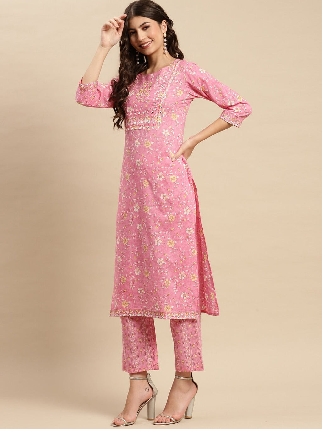 Sangria Floral Printed Pure-Cotton Straight Kurta With Trouser & Dupatta