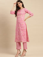 Sangria Floral Printed Pure-Cotton Straight Kurta With Trouser & Dupatta