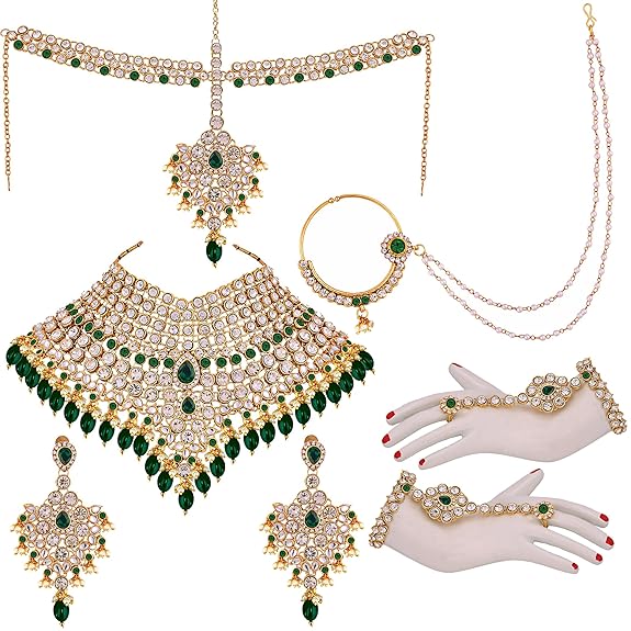 Tehzeeb Creations Wedding Designer Gold-Polished Dulhan Choker Bridal Set with sheeshpatti for Girls & Women