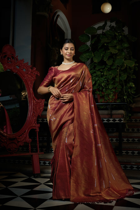 Vardha Sanguine Maroon Copper-Silver Zari Kanjeevaram Silk Saree