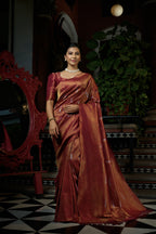 Vardha Sanguine Maroon Copper-Silver Zari Kanjeevaram Silk Saree
