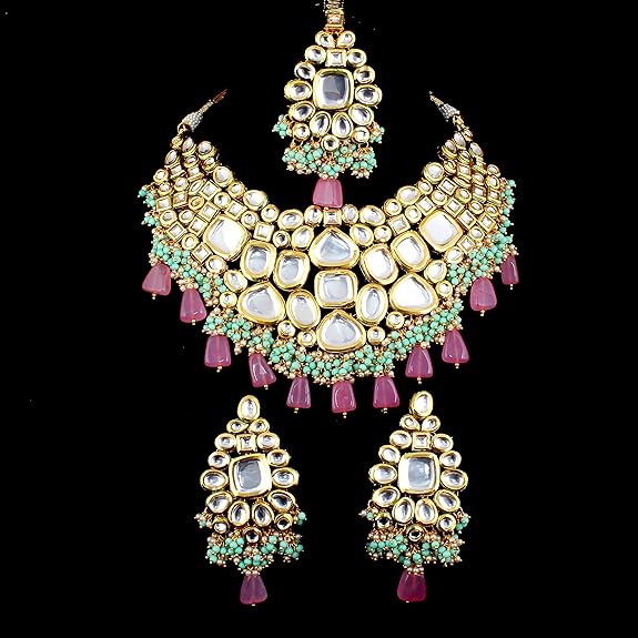 Tehzeeb Creations Back Meenakari Gold-Polished Multicolor Color Tika Earring Jewellery Set Uncut Big Faux Kundan Dibbi Kundan Choker Necklace Set