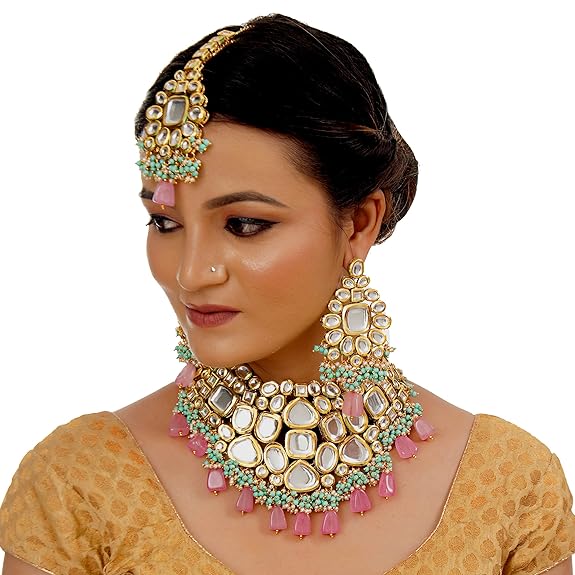 Tehzeeb Creations Back Meenakari Gold-Polished Multicolor Color Tika Earring Jewellery Set Uncut Big Faux Kundan Dibbi Kundan Choker Necklace Set
