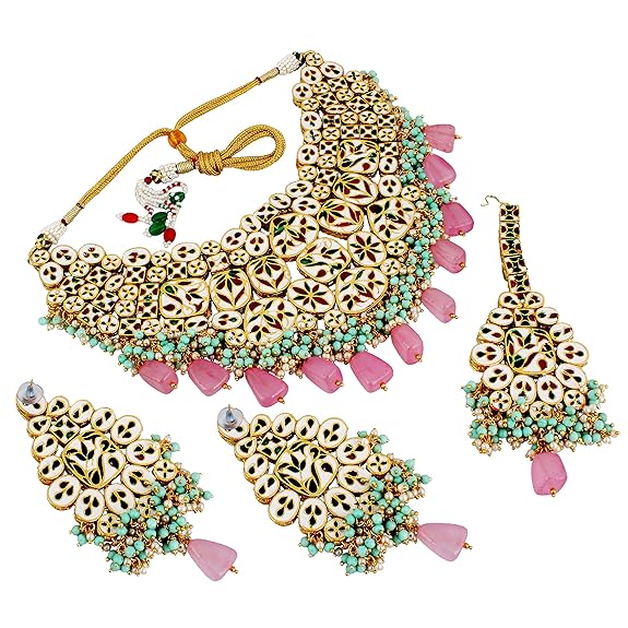Tehzeeb Creations Back Meenakari Gold-Polished Multicolor Color Tika Earring Jewellery Set Uncut Big Faux Kundan Dibbi Kundan Choker Necklace Set