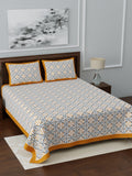 LIVING ROOTS White & Blue Ethnic Motifs Jaipuri 210 TC Cotton Double King Bedsheets With 2 Pillow Covers