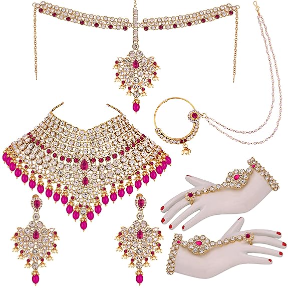 Tehzeeb Creations Designer Magenta Color Gold-Polished Dulhan Choker Bridal Set with sheeshpatti for Girls & Women