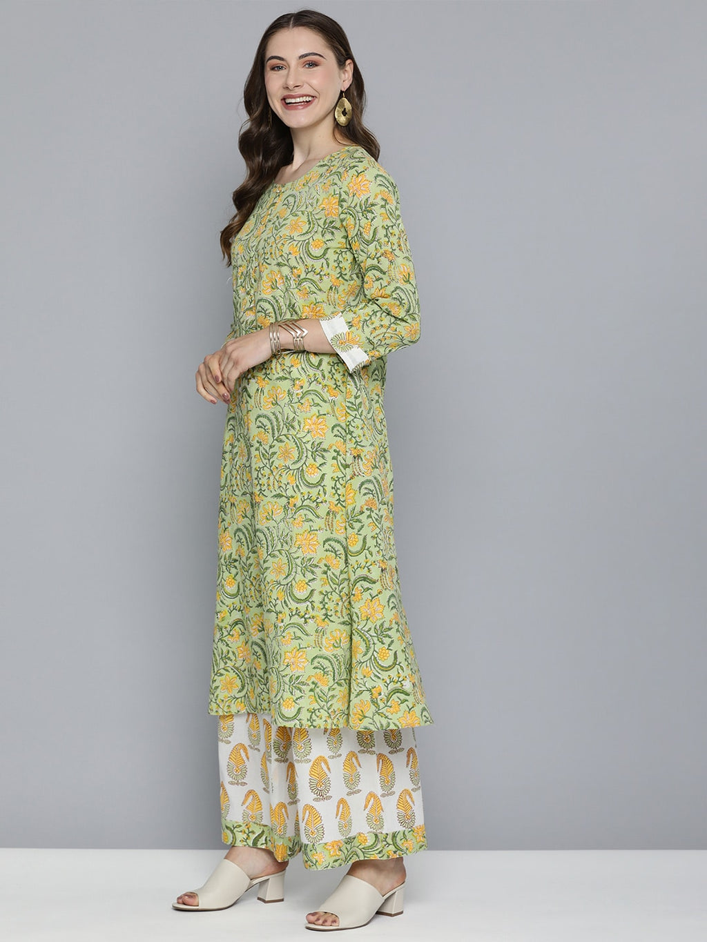 HERE&NOW Floral Printed Regular Pure Cotton Kurta with Palazzos & With Dupatta