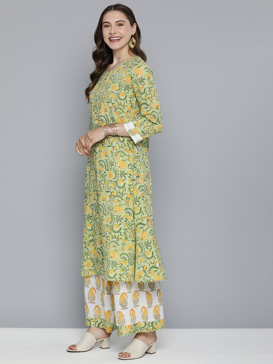 HERE&NOW Floral Printed Regular Pure Cotton Kurta with Palazzos & With Dupatta