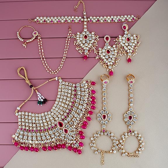 Tehzeeb Creations Designer Magenta Color Gold-Polished Dulhan Choker Bridal Set with sheeshpatti for Girls & Women
