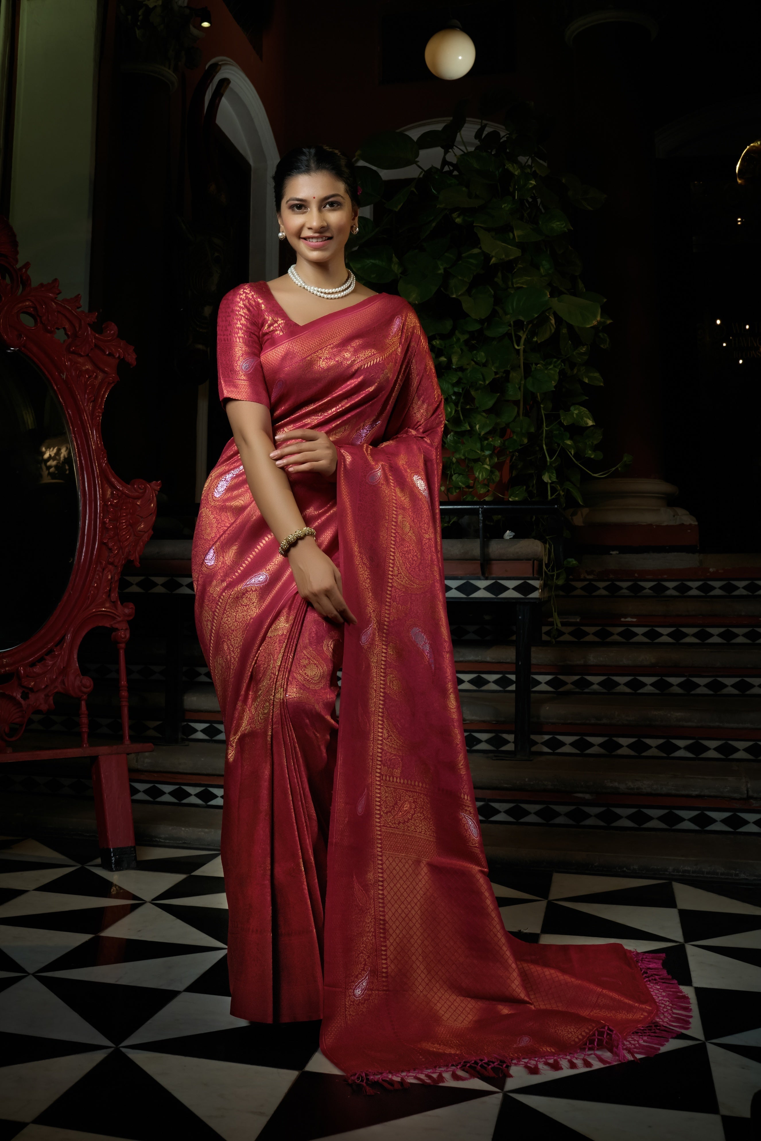 Vardha Fuchsia Pink Copper-Silver Zari Kanjeevaram Silk Saree