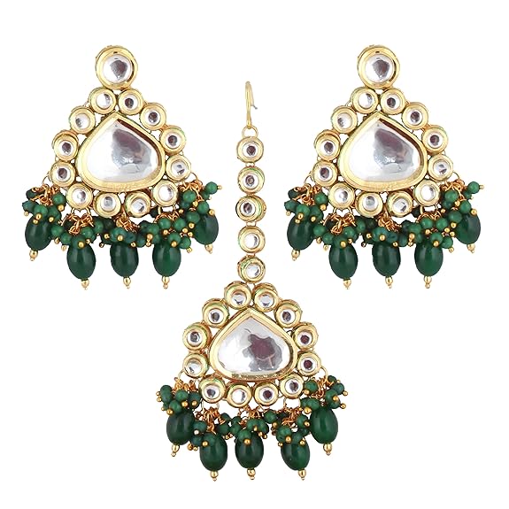 Tehzeeb Creations Gold-Polished Back Meenakari Pearl Uncut, Kundan Choker Necklace Set with Earrings and Mang Tika For Women & Girls