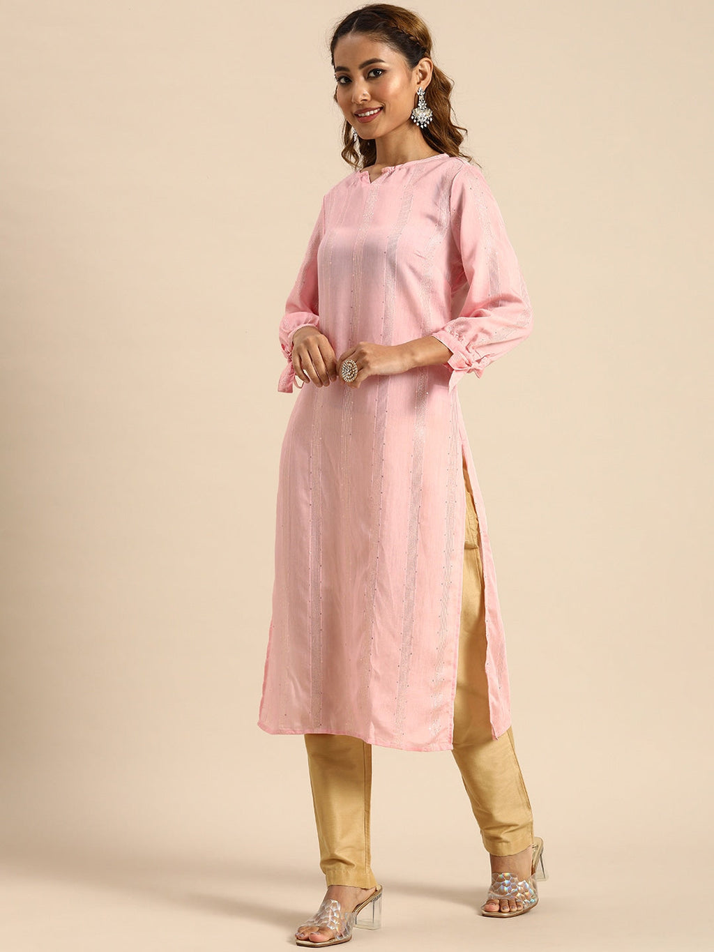 Sangria Women Pink Sequined Jacquard Chanderi Silk Kurta