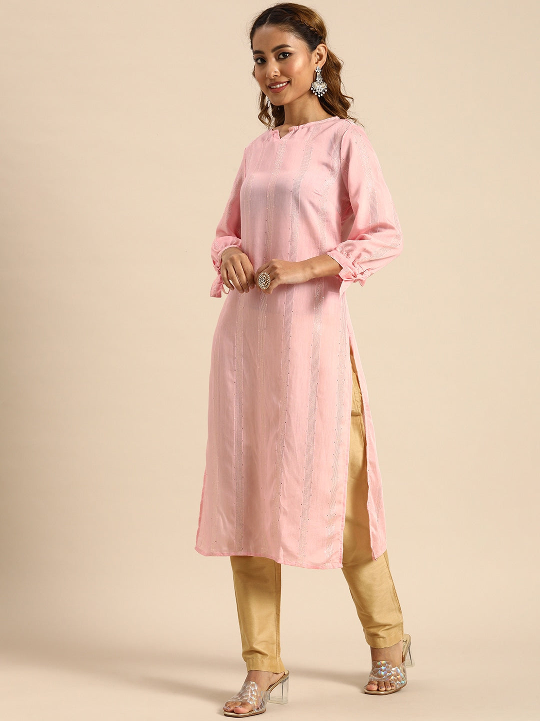 Sangria Women Pink Sequined Jacquard Chanderi Silk Kurta