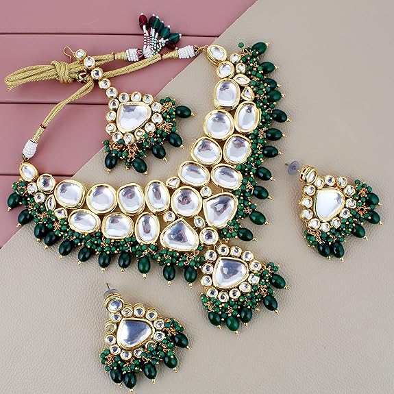 Tehzeeb Creations Gold-Polished Back Meenakari Pearl Uncut, Kundan Choker Necklace Set with Earrings and Mang Tika For Women & Girls