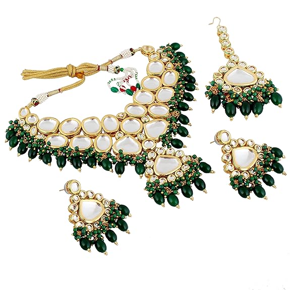 Tehzeeb Creations Gold-Polished Back Meenakari Pearl Uncut, Kundan Choker Necklace Set with Earrings and Mang Tika For Women & Girls