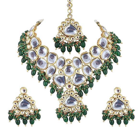 Tehzeeb Creations Gold-Polished Back Meenakari Pearl Uncut, Kundan Choker Necklace Set with Earrings and Mang Tika For Women & Girls