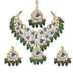 Tehzeeb Creations Gold-Polished Back Meenakari Pearl Uncut, Kundan Choker Necklace Set with Earrings and Mang Tika For Women & Girls