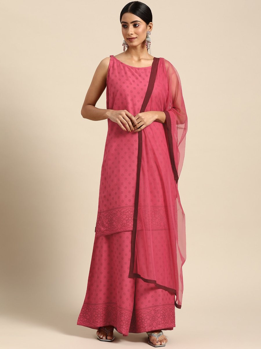 All About You Women Pink Printed Kurta with Palazzos & Dupatta
