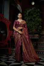 Vardha Myrtle Wine Copper-Silver Zari Kanjeevaram Silk Saree