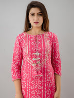 HERE&NOW Pink Tie Up Neck Bandhani Printed Gotta Patti Kurta
