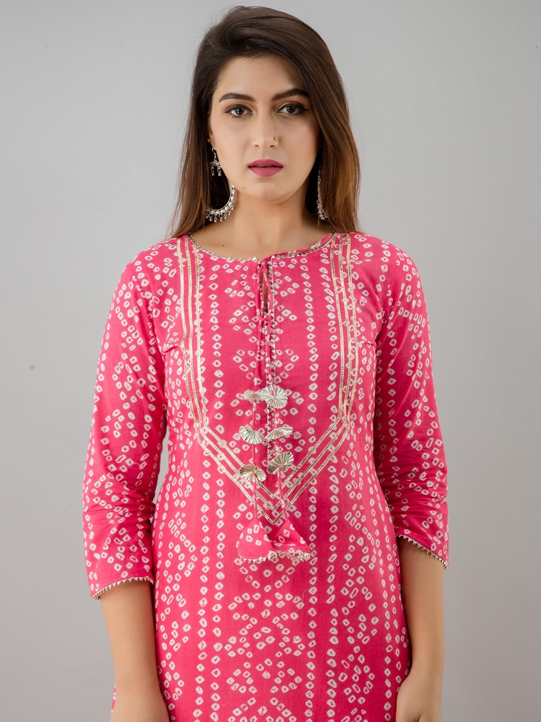 HERE&NOW Pink Tie Up Neck Bandhani Printed Gotta Patti Kurta