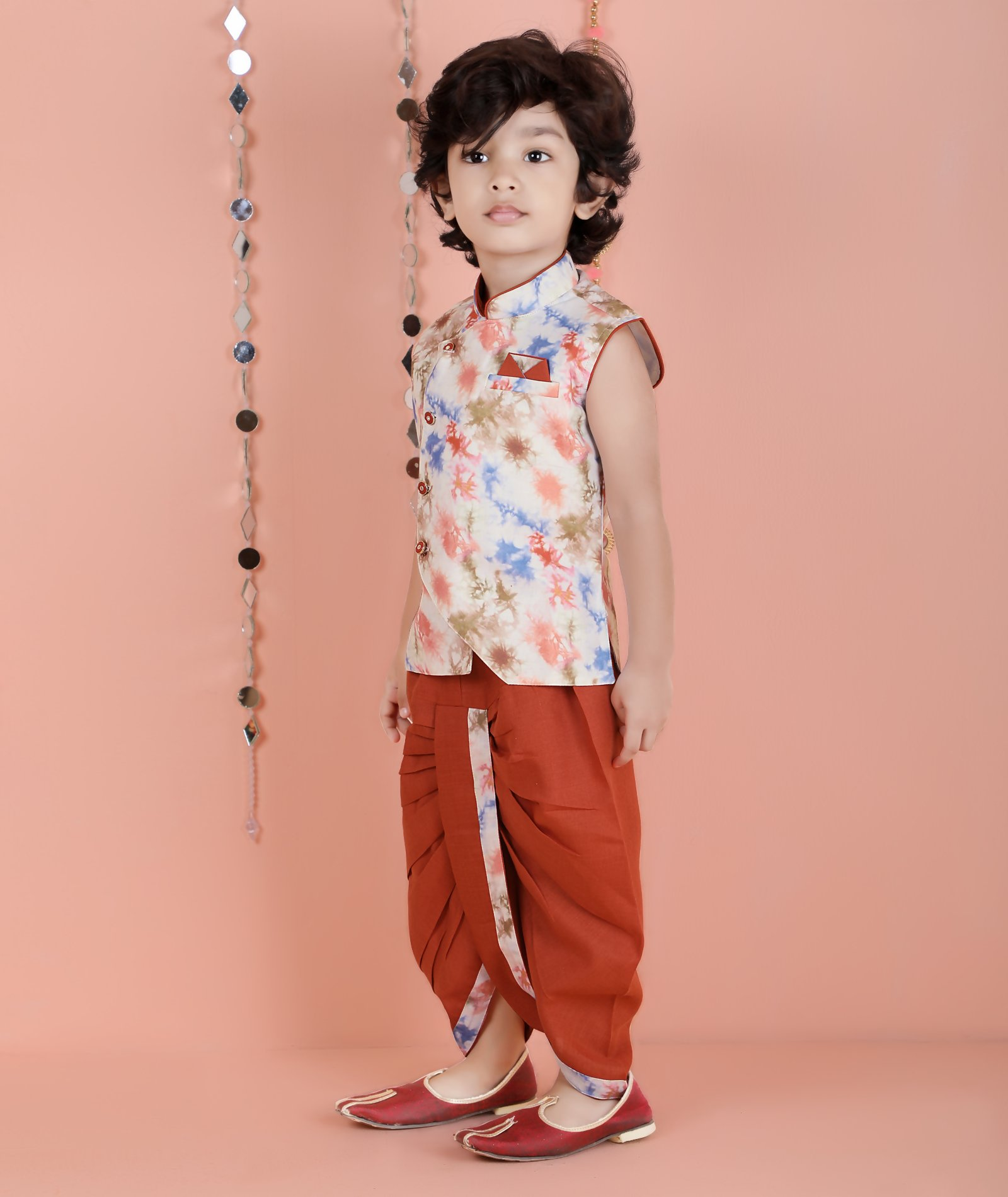 Joban Fashion Kids Island Cotton Sleeveless printed Kurta and Solid Dhoti - Rust - Distacart