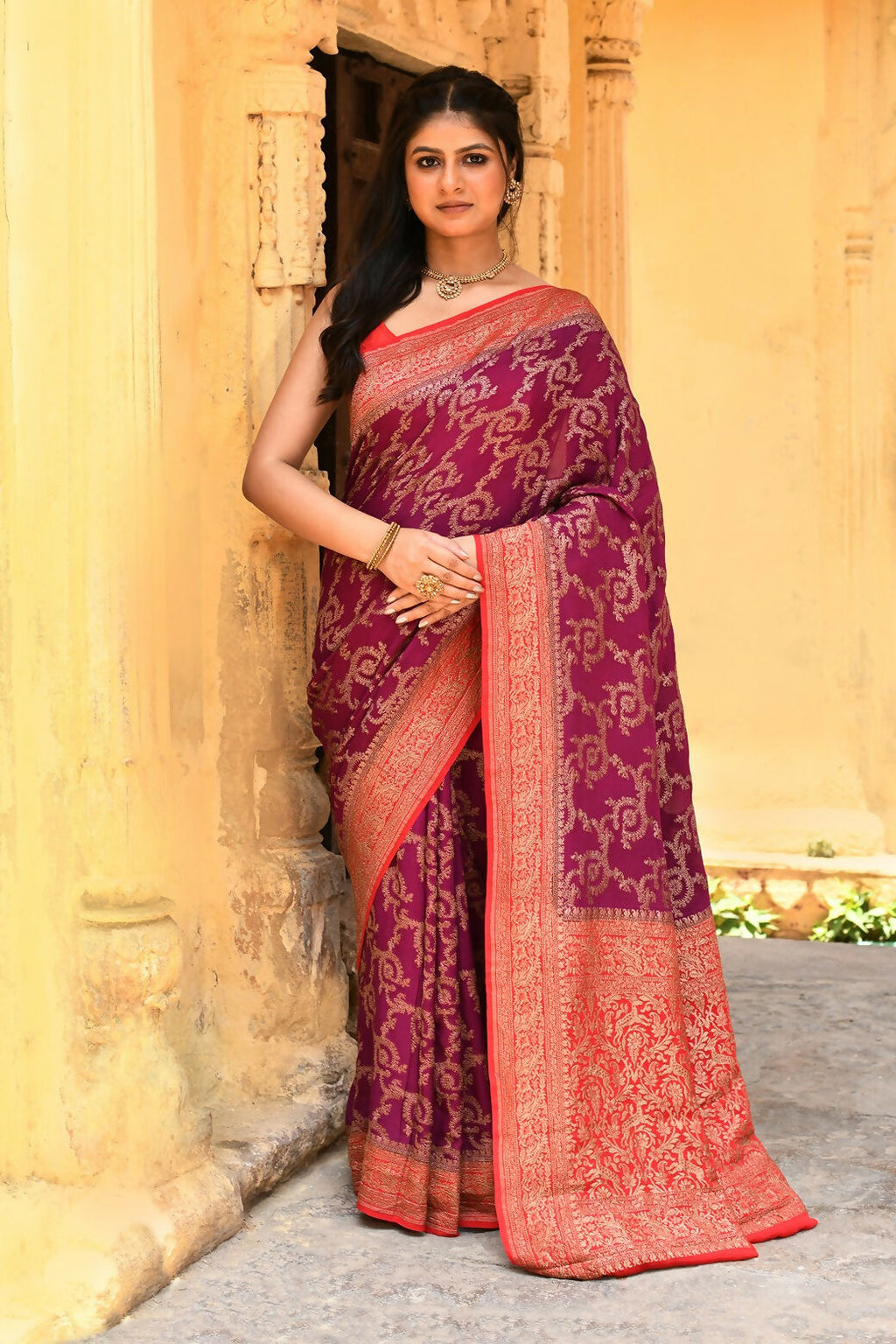 Joban Fashion Hot Pink Crepe Chiffon Pure Handloom Banarasi Silk Saree