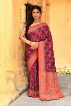Joban Fashion Hot Pink Crepe Chiffon Pure Handloom Banarasi Silk Saree