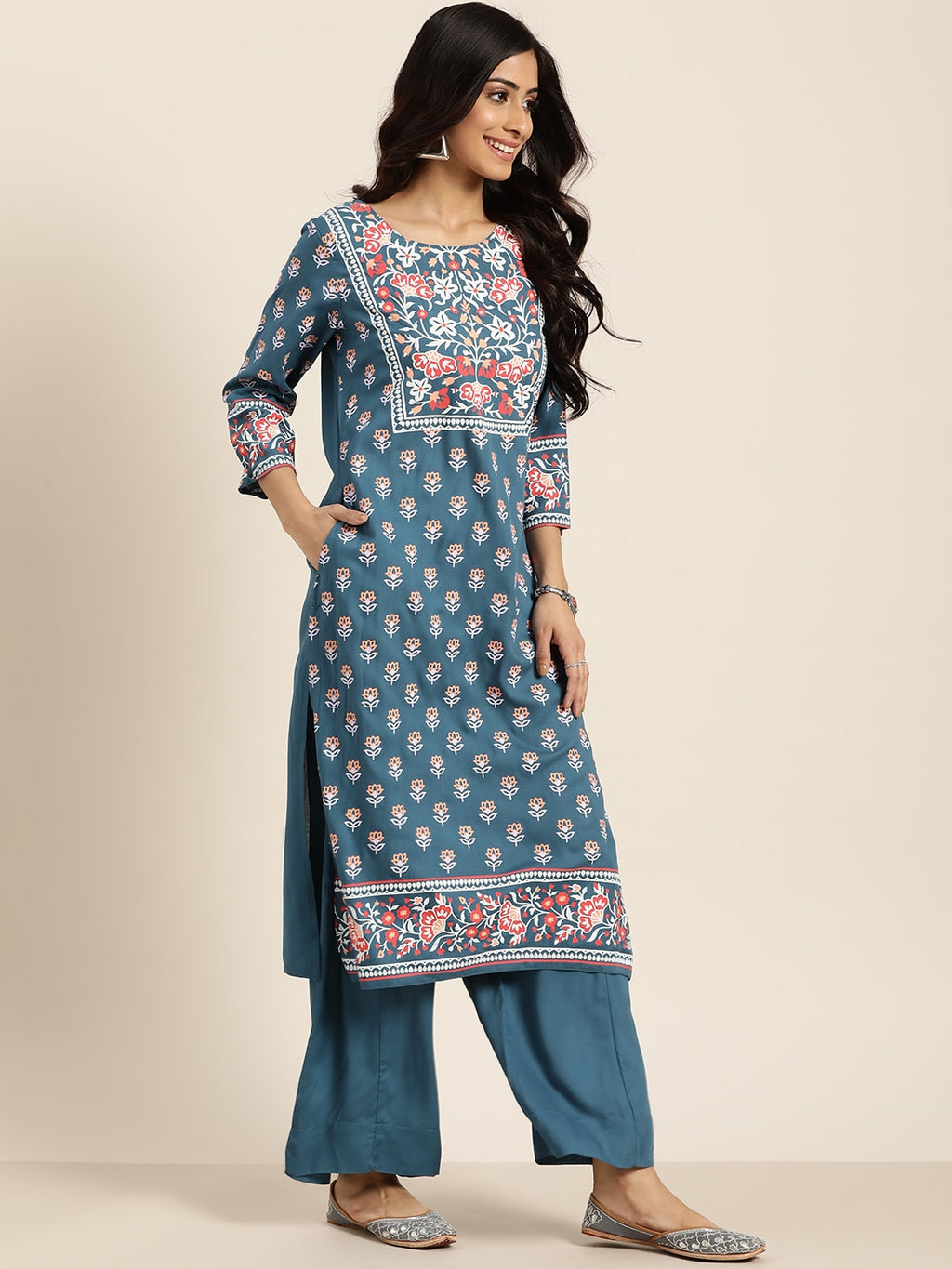 Sangria Women Teal Blue & White Printed Kurta with Palazzos