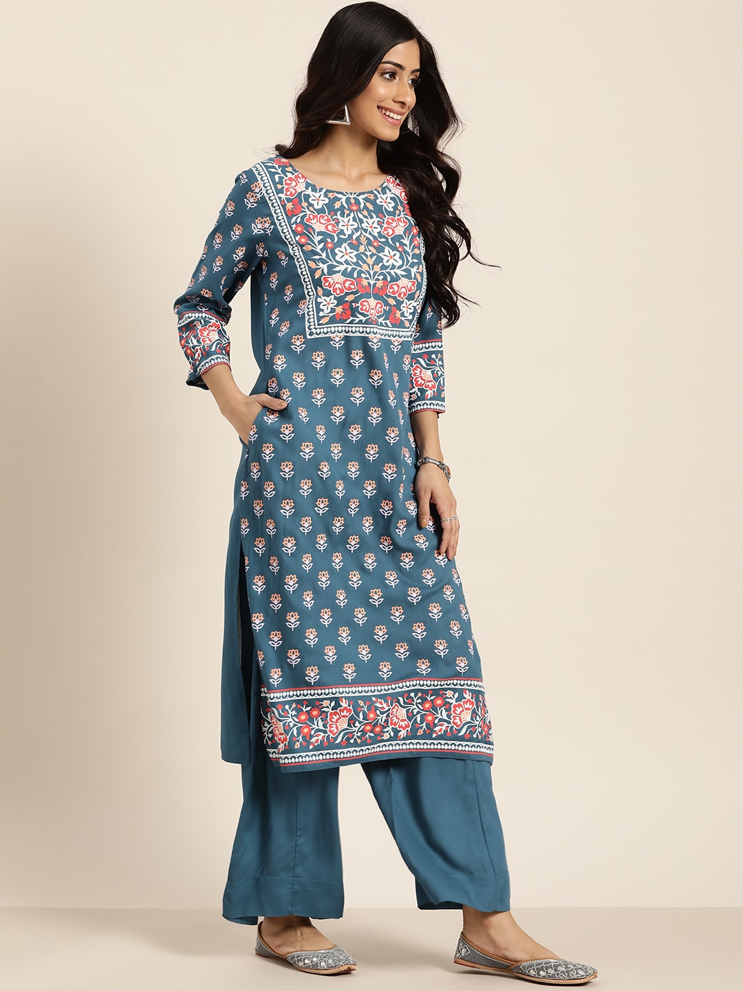 Sangria Women Teal Blue & White Printed Kurta with Palazzos