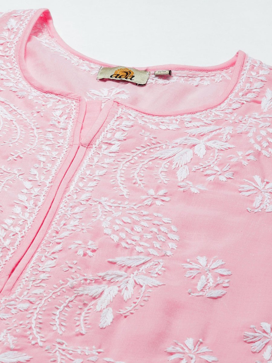 ADA Women Pink & White Ethnic Motifs Embroidered Chikankari Cotton Kurta