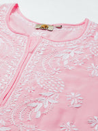 ADA Women Pink & White Ethnic Motifs Embroidered Chikankari Cotton Kurta