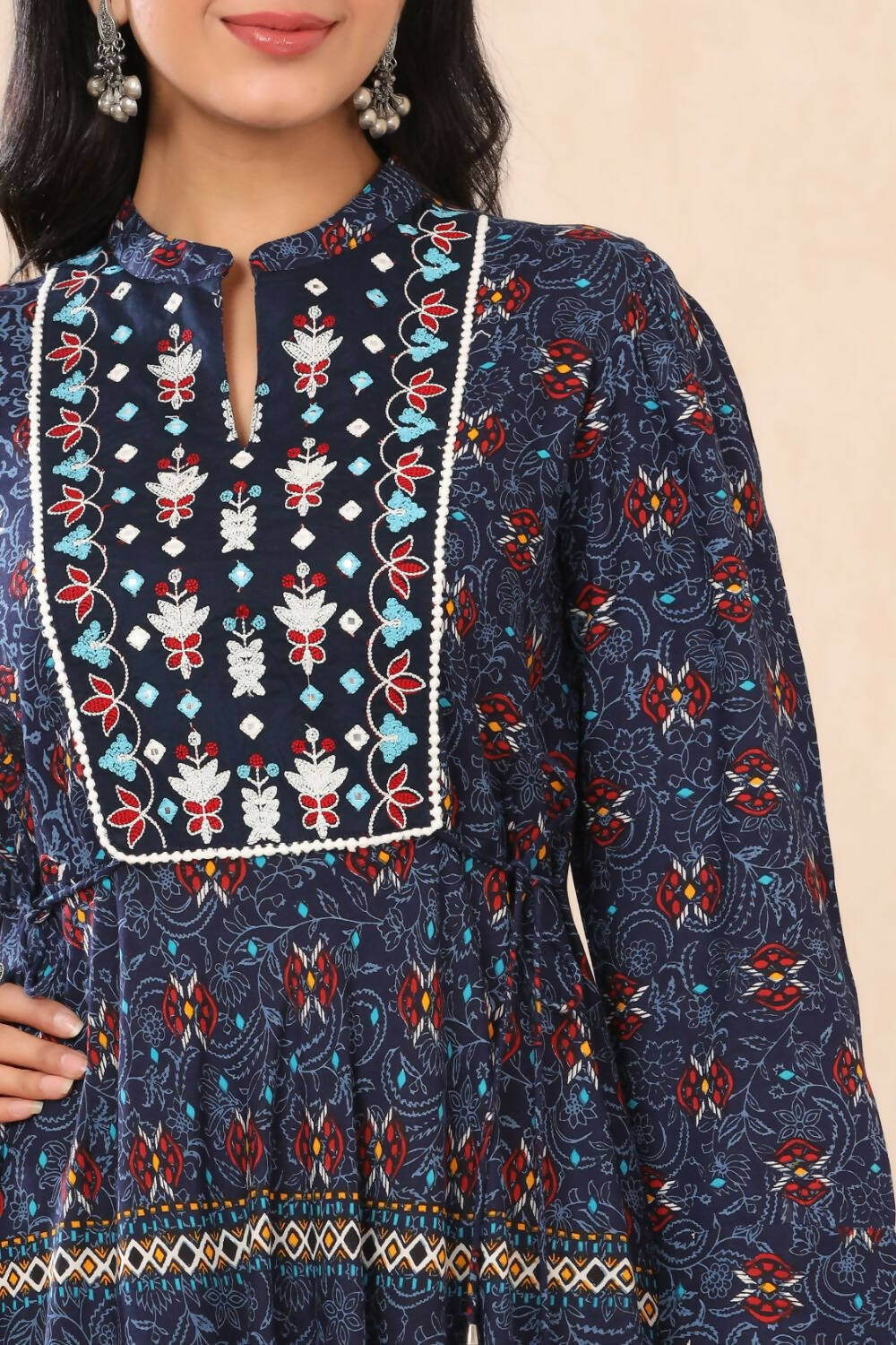 Juniper Womens Indigo Rayon Multicolor Printed Maxi Dress With Yoke Mirror Embroidery - Distacart