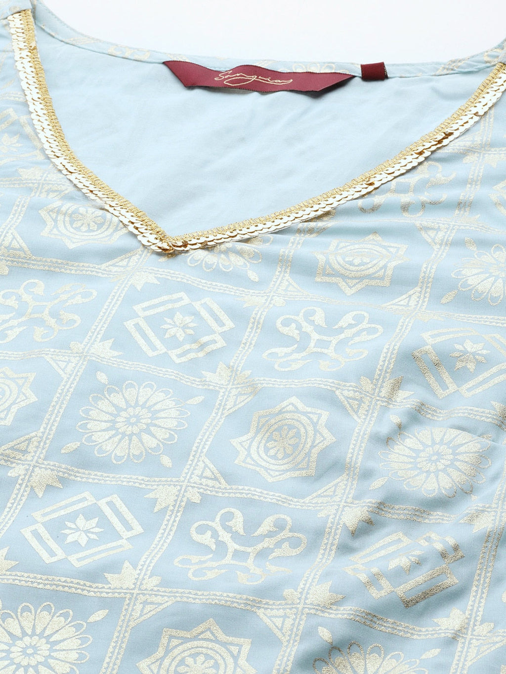 Sangria Gold-Toned Foil Printed Sequinned Detail A-Line Kurta with Palazzos