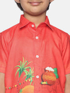 Sethukrishna Boys Red & White Printed Shirt with Dhoti