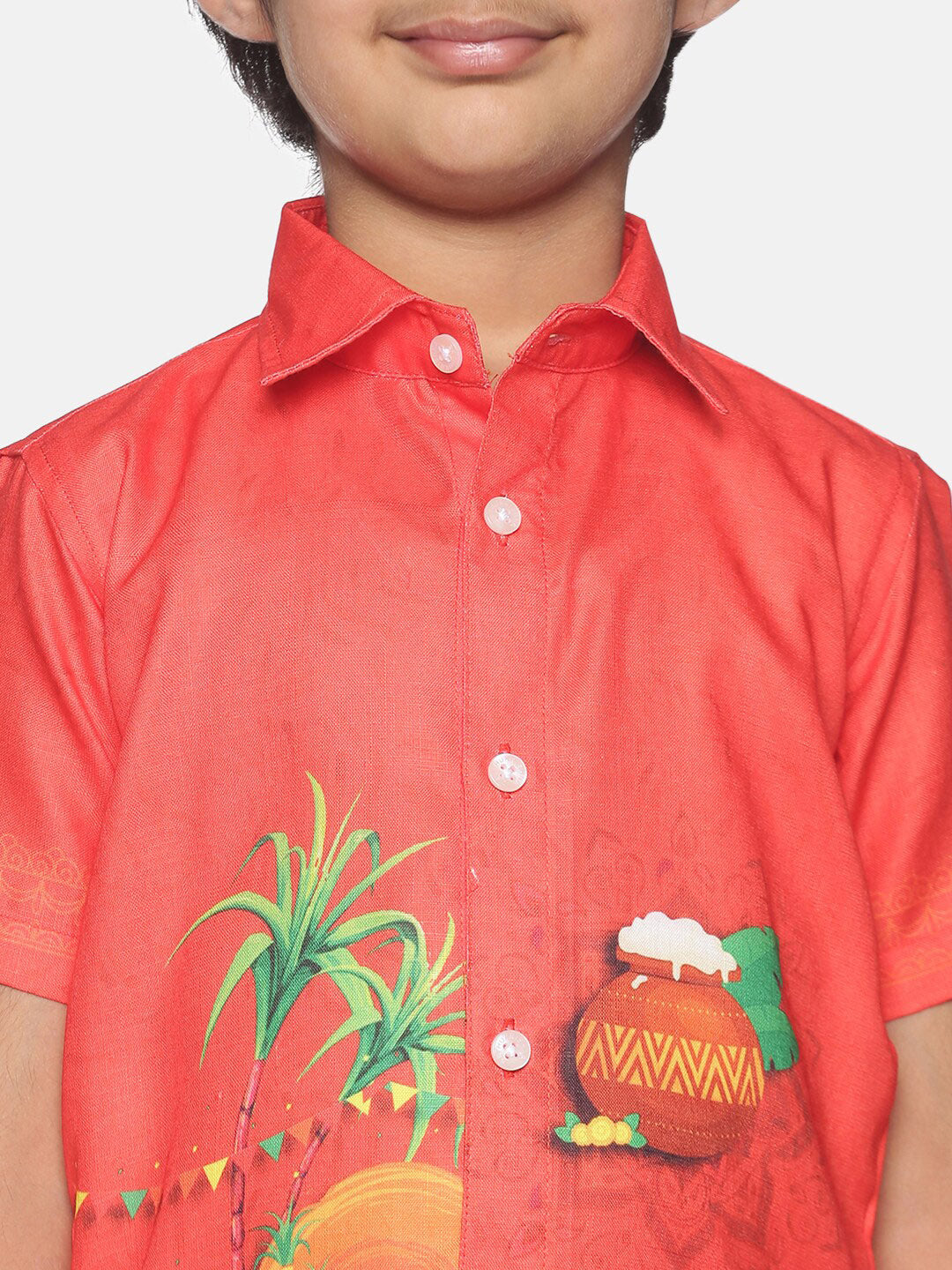 Sethukrishna Boys Red & White Printed Shirt with Dhoti