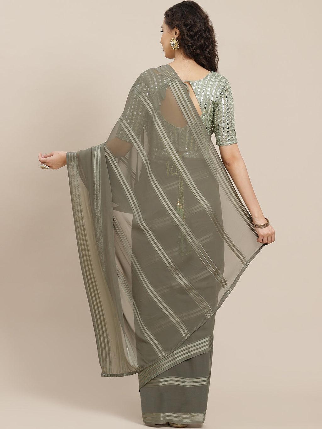 Saree Mall Taupe Striped Leheriya Saree With Belt - Distacart