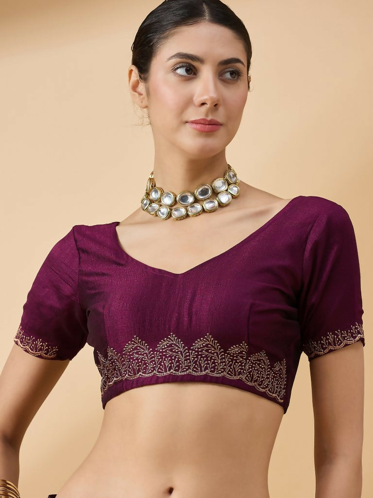 Purple Silk Blend Embroidered Saree with Unstitched Blouse - Vairagi