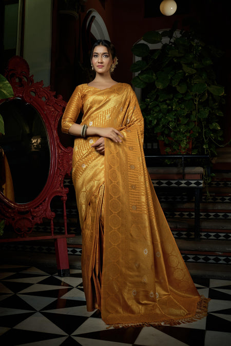 Vardha Mustard Yellow Copper-Silver Zari Kanjeevaram Silk Saree