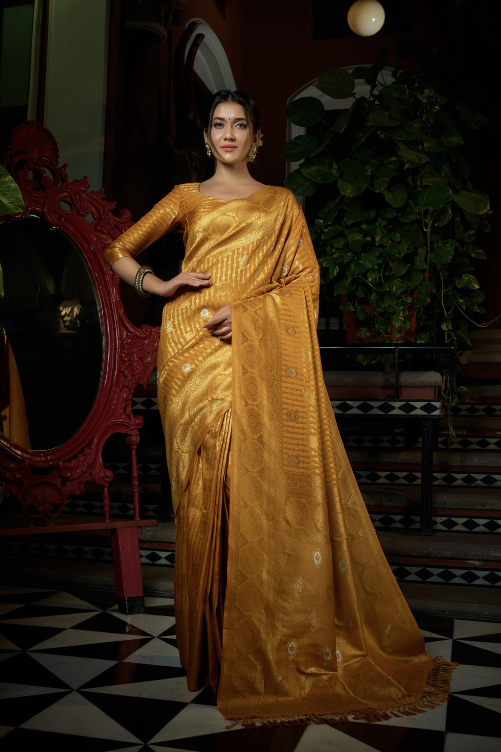 Vardha Mustard Yellow Copper-Silver Zari Kanjeevaram Silk Saree