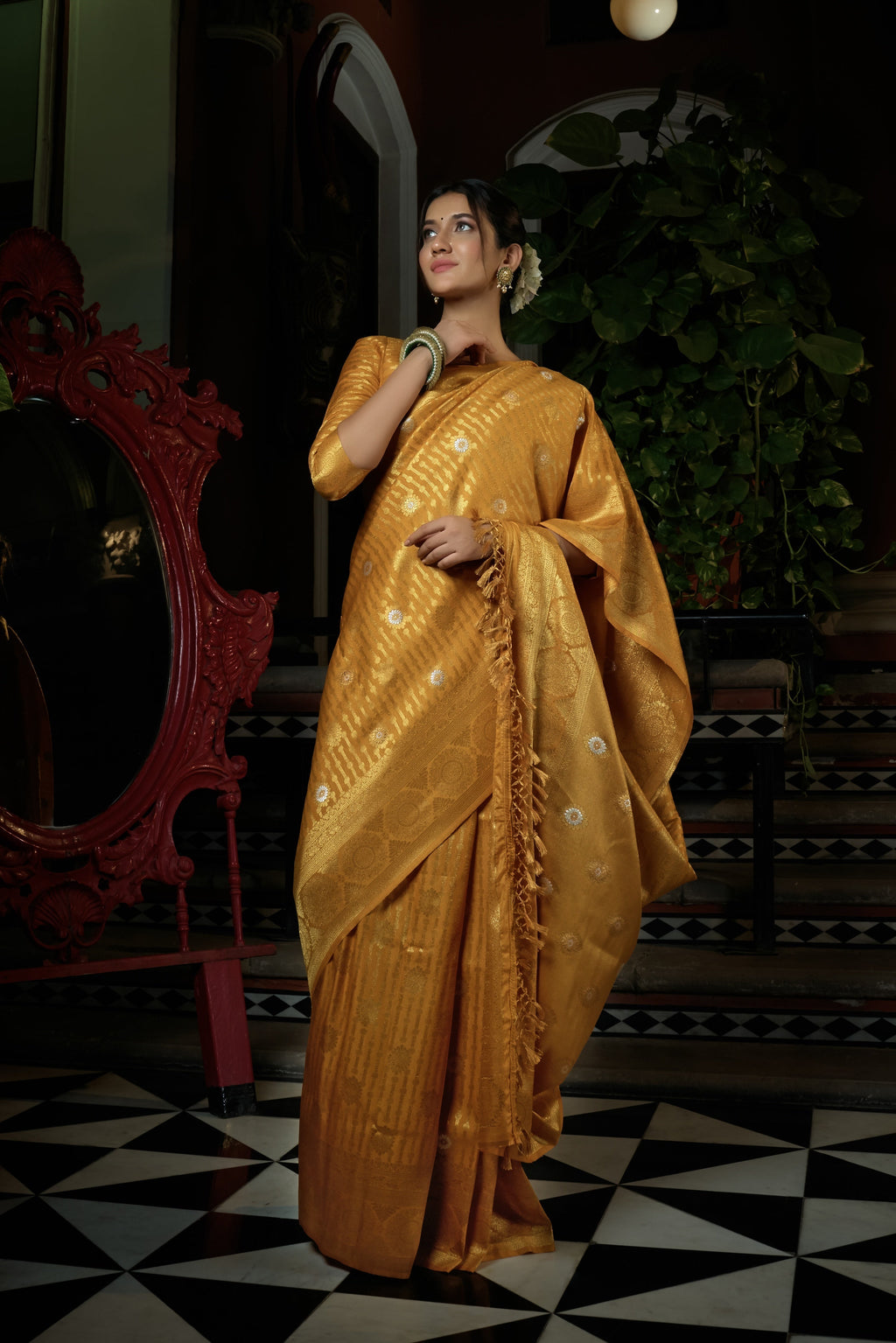 Vardha Mustard Yellow Copper-Silver Zari Kanjeevaram Silk Saree