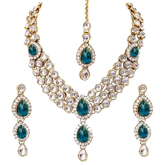Tehzeeb Creations Traditional Gold-Polished Kundan Necklace Set for Girls & Women