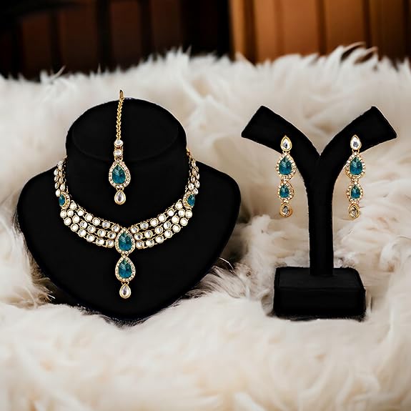 Tehzeeb Creations Traditional Gold-Polished Kundan Necklace Set for Girls & Women