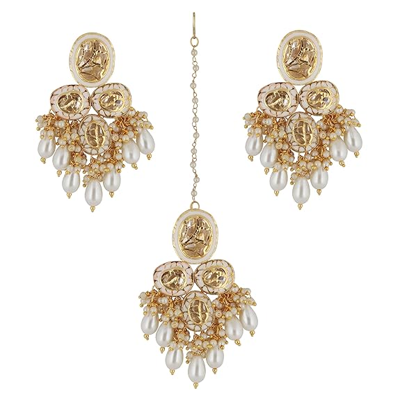 Tehzeeb Creations Back Meenakari Gold-Polished Set with Earring and Mang Tika Combo Uncut Big Faux Kundan Choker Necklace set